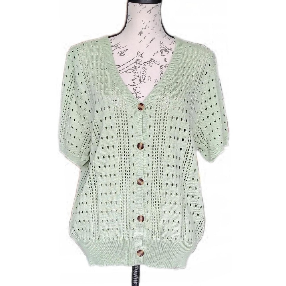 Womens Pastel Green Open Knit Shirt Sleeve Cardigan Plus XXL Button Front Summer